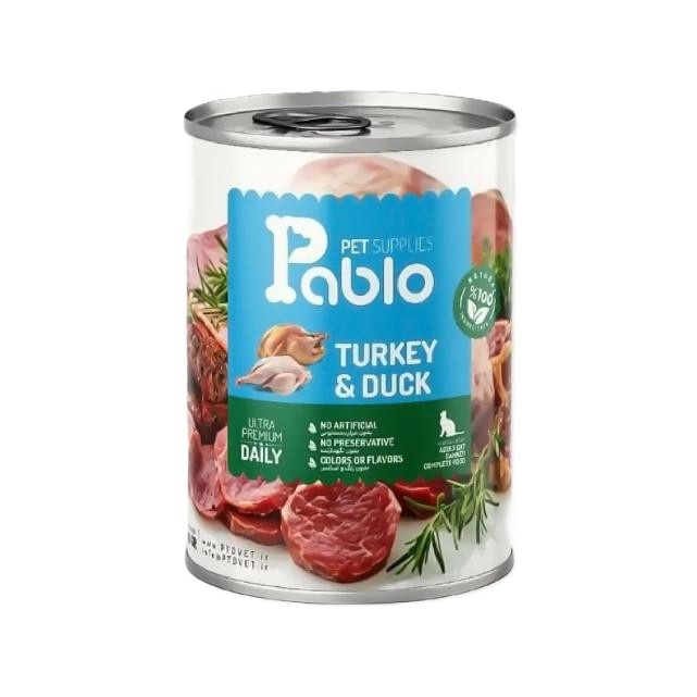 کنسرو گربه بالغ پابلو مدل نچرال طعم بوقلمون و اردک ۴۰۰ گرمی